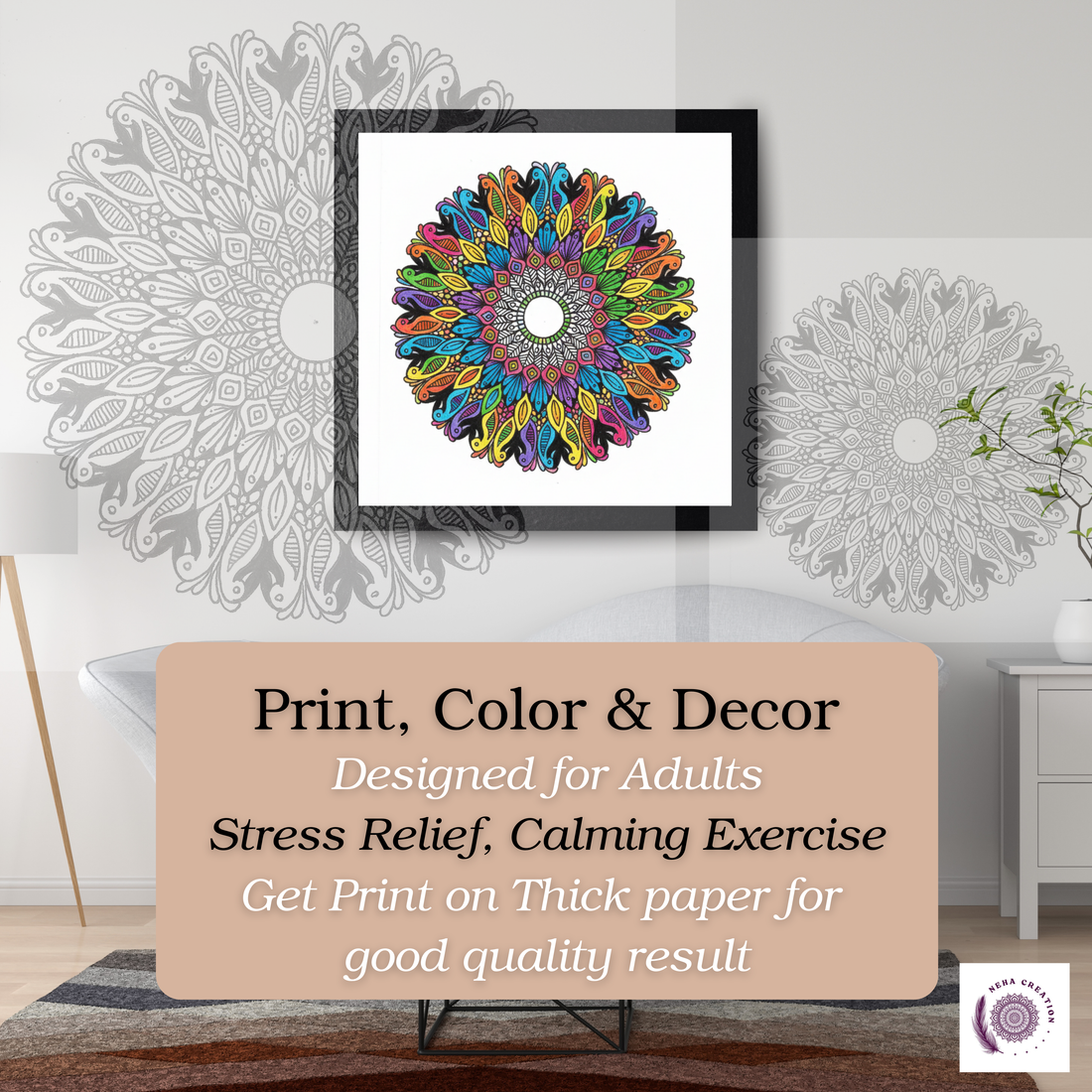 Hand-drawn printable adult coloring page for stress relief