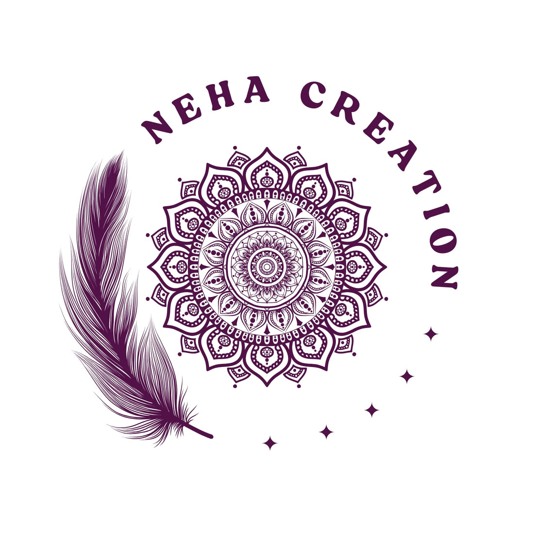 A logo of Neha Creations. It conists of a feather, a mandala design, trail of five diamonds, and the text that reads Neha Creations.