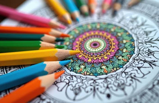 Several colored pencils used in coloring a mandala design.