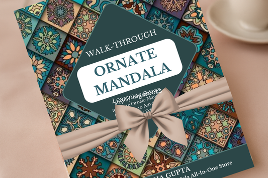 A walk-through Ornate Mandala Book. A ribbon is wrapped around the book.