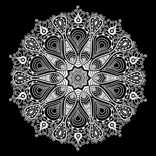 A monochromatic mandala made against dark background.