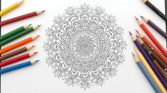A mandala design flanked by two rows of colored pencils on a white background.