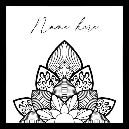 A mandala design and at the top the text reads name here.