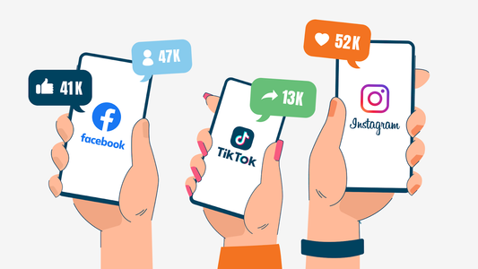 Three hands carrying mobile phones displays the number of likes on Facebook, Instagram, and Tiktok.