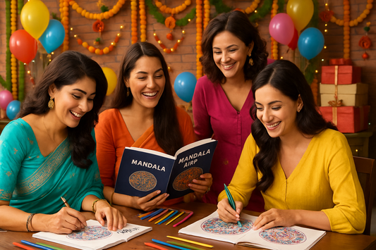 Women at a lively kitty party happily creating mandala art using mandala learning books, surrounded by festive decorations and gift boxes, illustrating a unique and thoughtful return gift idea.