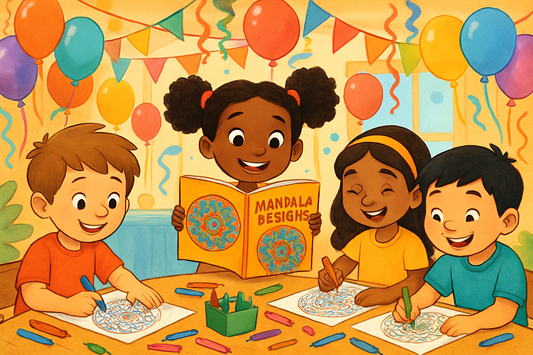 Children happily coloring and learning mandala designs from a mandala learning book at a birthday party with colorful decorations, illustrating creativity, mindfulness, and the perfect kids’ return gift.