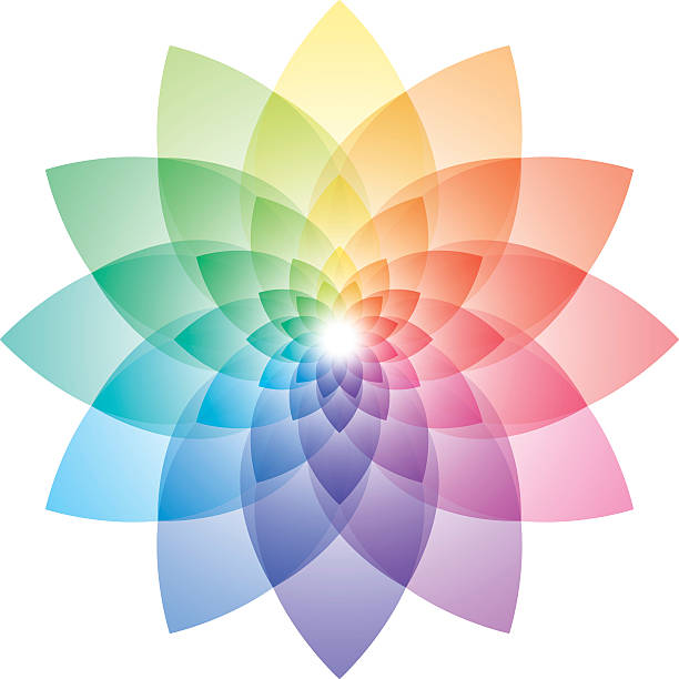 A colorful, geometric flower design on a white background, featuring overlapping, translucent petals arranged in concentric layers around a glowing white center.