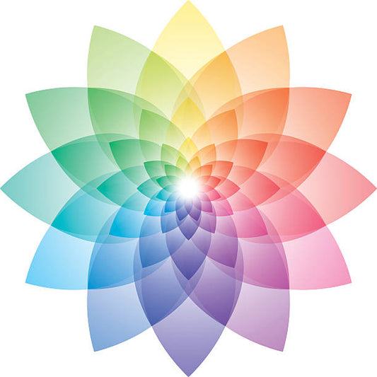 A colorful, geometric flower design on a white background, featuring overlapping, translucent petals arranged in concentric layers around a glowing white center.