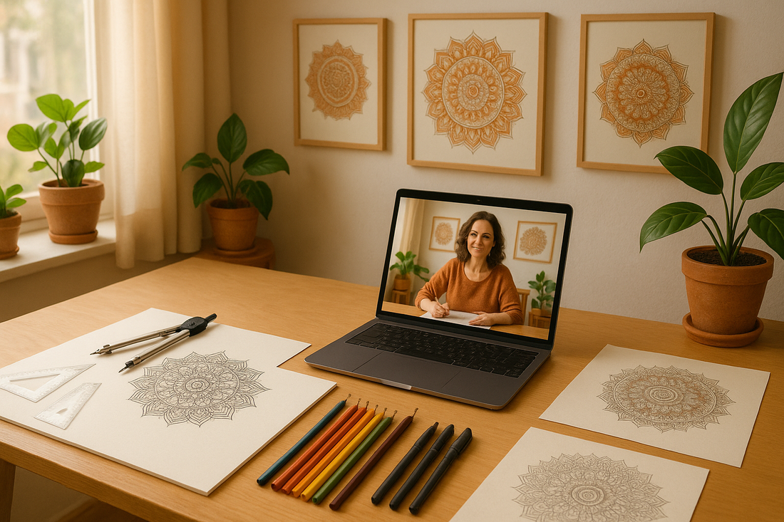 An artist teaching mandala art online and a few sheets wih mandala designs are kept on the table.