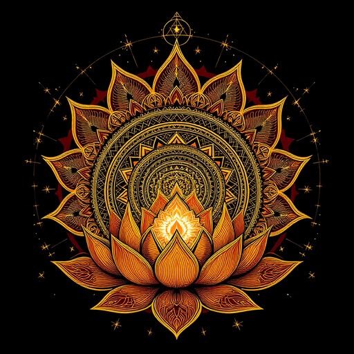 An intricate design of lotus mandala on a dark-colored background.