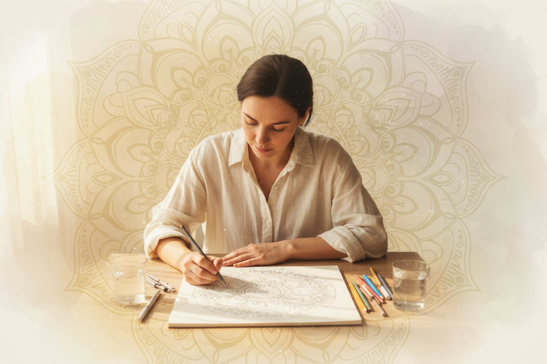 An artist drawing a mandala design.