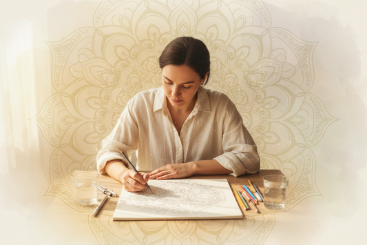 An artist drawing a mandala design.