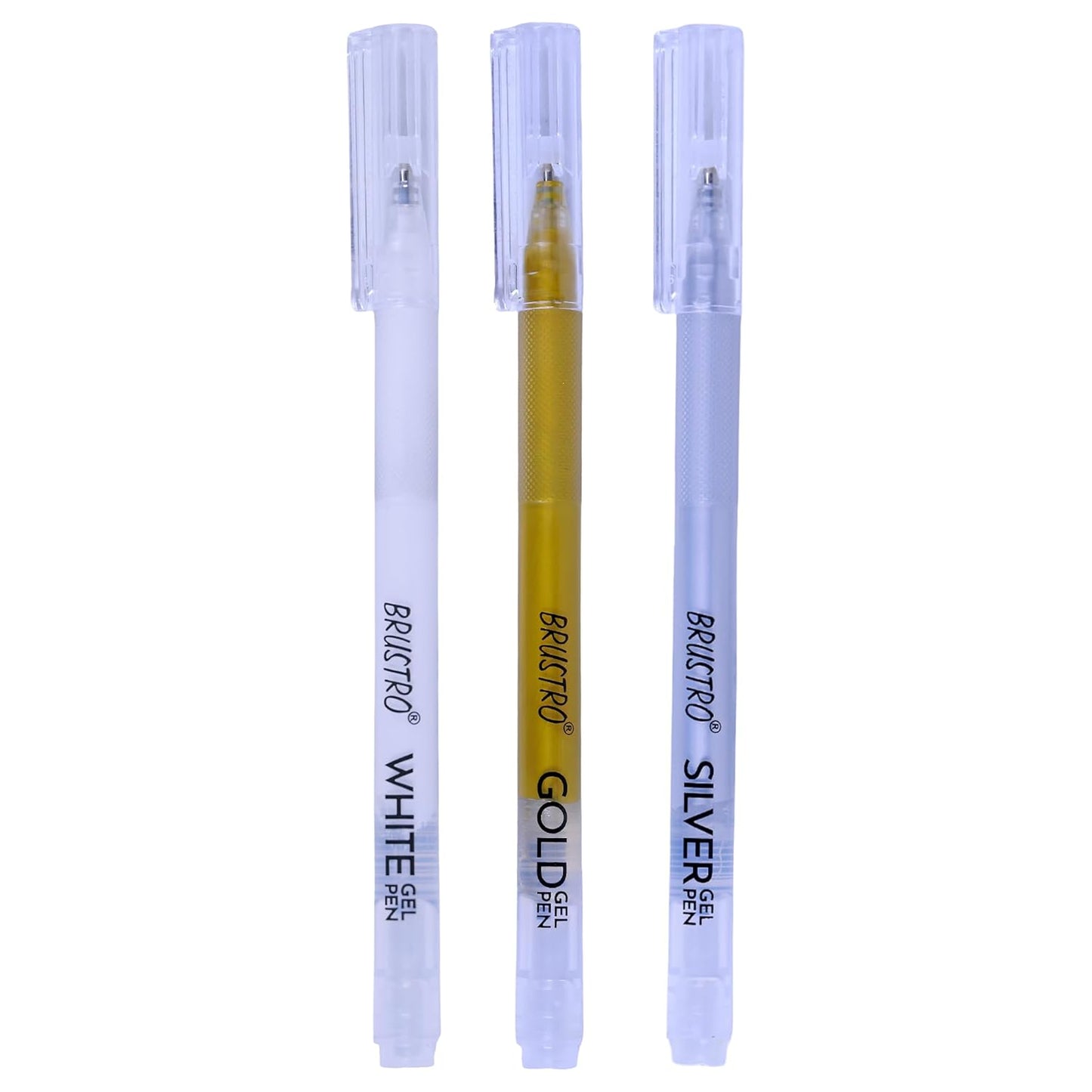 BRUSTRO Metallic Gel Pen Set (White, Gold & Silver) | 1mm Metal Tip – Set of 3