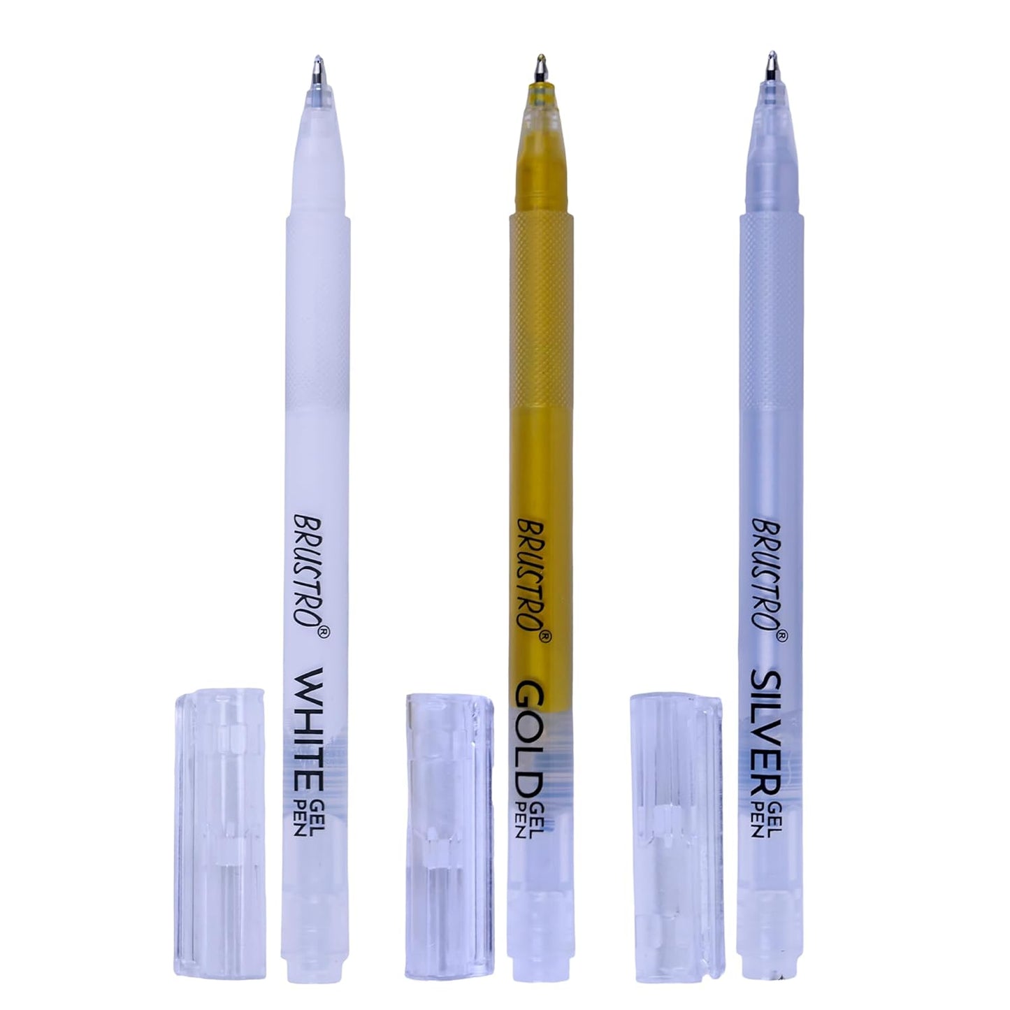BRUSTRO Metallic Gel Pen Set (White, Gold & Silver) | 1mm Metal Tip – Set of 3