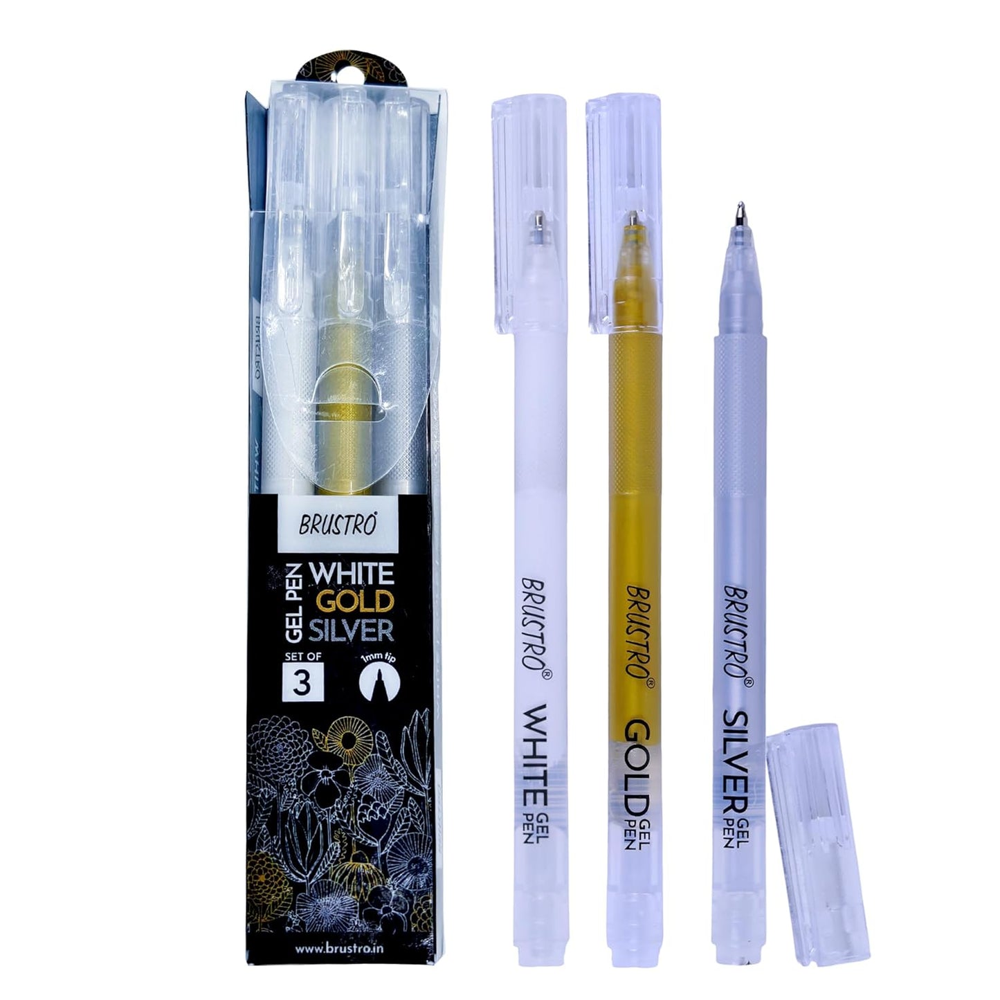 BRUSTRO Metallic Gel Pen Set (White, Gold & Silver) | 1mm Metal Tip – Set of 3