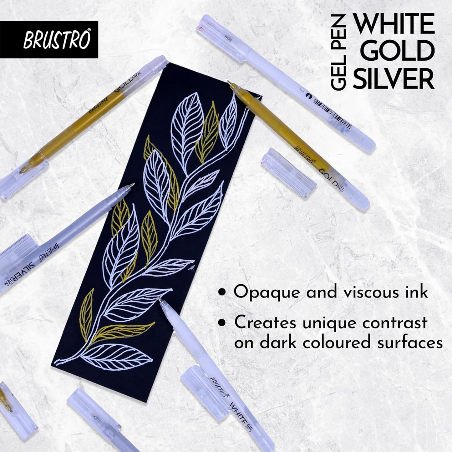 BRUSTRO Metallic Gel Pen Set (White, Gold & Silver) | 1mm Metal Tip – Set of 3