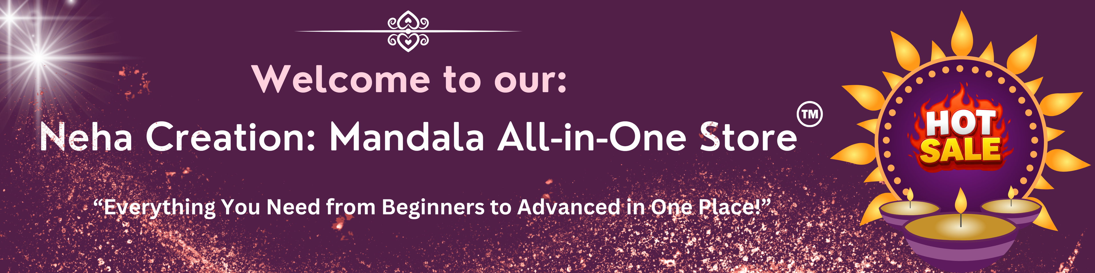 Promotional banner for Neha Creation's Mandala All-in-One Store with a hot sale offer on a purple background.